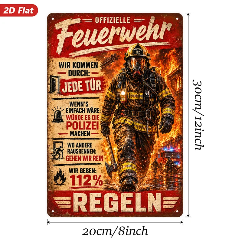 2D Flat, 1pc Metal Sign Wall Art, Firefighter Themed Home Decor, with German Text, Action-Packed Design,