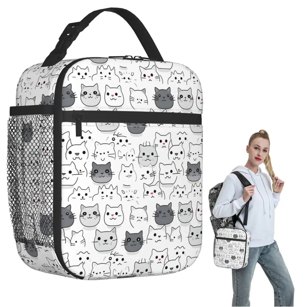 Cartoon Gray Kitten Pattern Insulated Lunch Bag for Women Kids Portable Food Boxes Thermal Lunch Box Tote