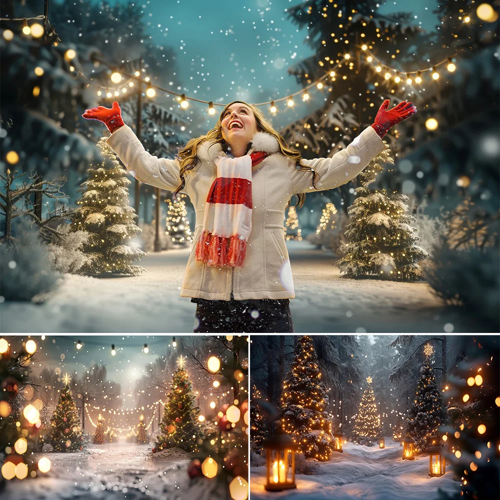 

Winter Scene Christmas Backdrop for Photography Rural Street Snowy Xmas Tree Glitter Light Family Party Baby Portrait Background