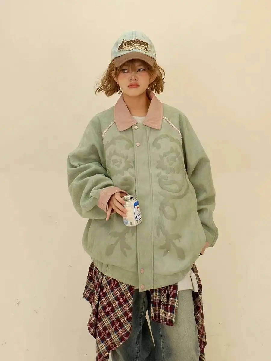 스웨이드 컬러 블록 재킷 여성 2025 봄 신상 루즈핏 BF 아메리칸 스트릿웨어 유니섹스 코트