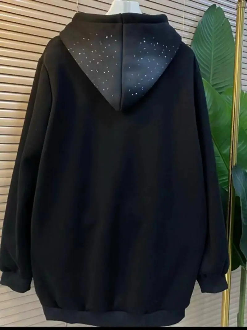 300 Pounds Plus Size Chubby MM Loose Hooded Thick Velvet Medium Long Style with Starry Sky Print Long Sleeved Sweatshirt Women