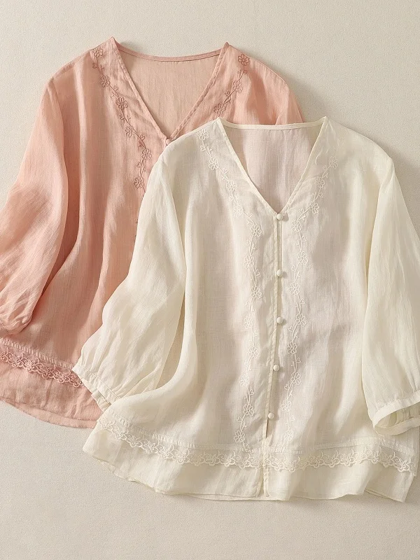 

Retro Embroidered Lace Short Sleeve Loose Fit round Neck Slimming Top Women's Shirt Artistic Style Breathable Casual Summer