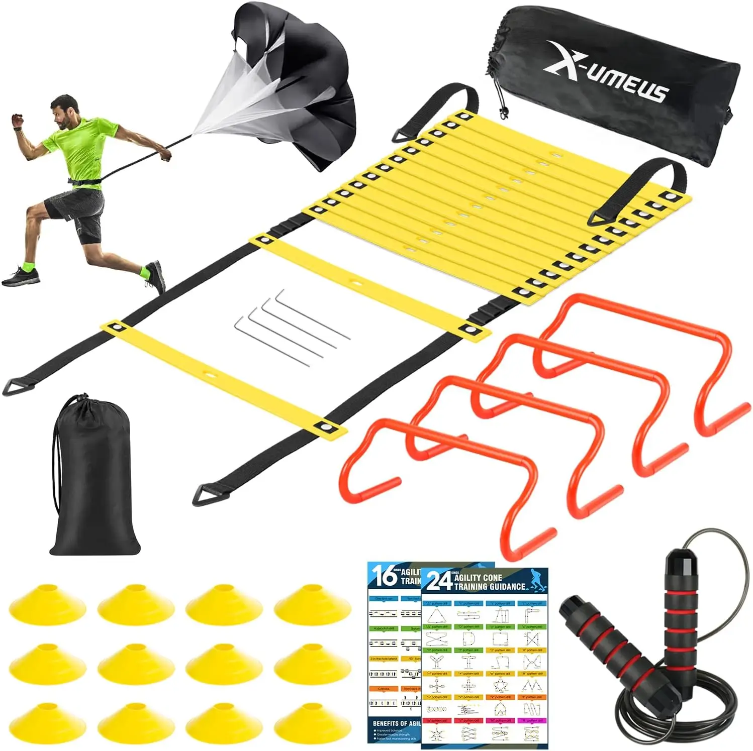 

12 Soccer Cones,4 Hurdles, Jump Rope, Running Parachute| Basketball Football Soccer Training Equipment for Kids Youth Adults