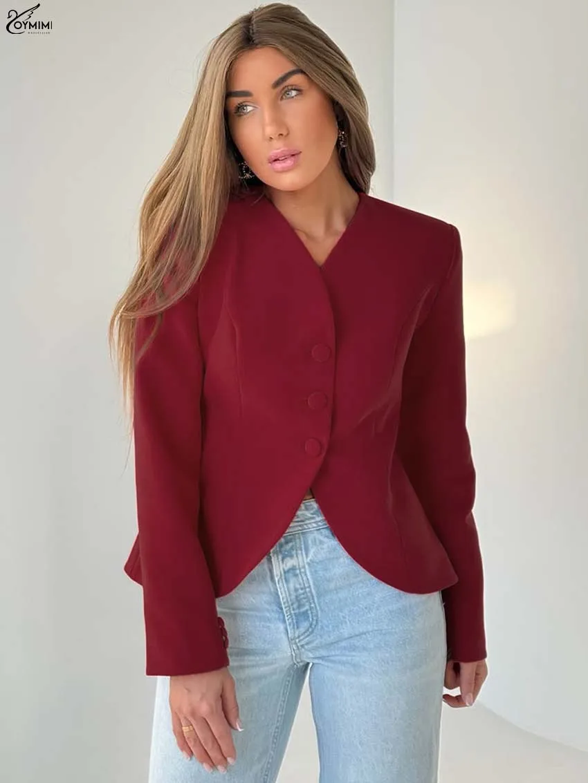 

Oymimi Elegant Red V-Neck Woman Blouses Fashion Long Sleeve Single Breasted Shirts Casual New Simple Thick Blouse Female Clothes
