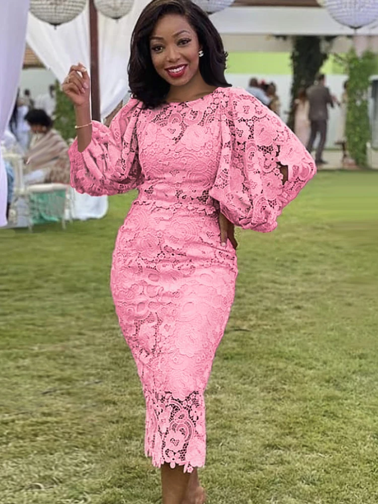 chinese dress ladies Lobbster Pink Beaded Lace Pencil Dress – CHUUI_Collection main image 0