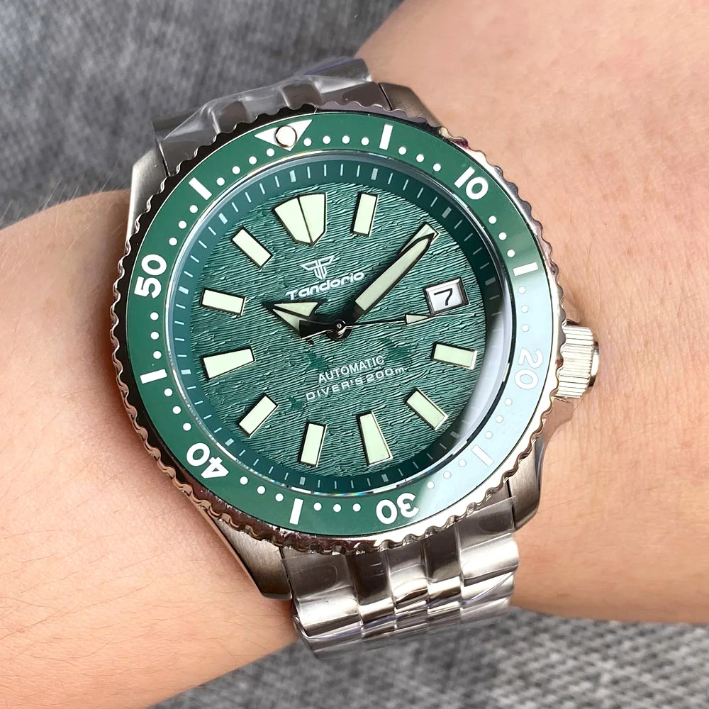 Tandorio 41mm Luxury Green Dial Sapphire Glass Automatic NH35 Mechanical Mens Watch Date Luminous Ceramic Rotating Bezel