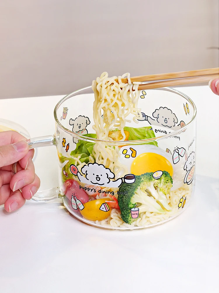 

Большая стеклянная миска для лапши с крышкой для студентов общежитий, термостойкая, для микроволновой печи, с удобной ручкой, для удобного приготовления лапши...