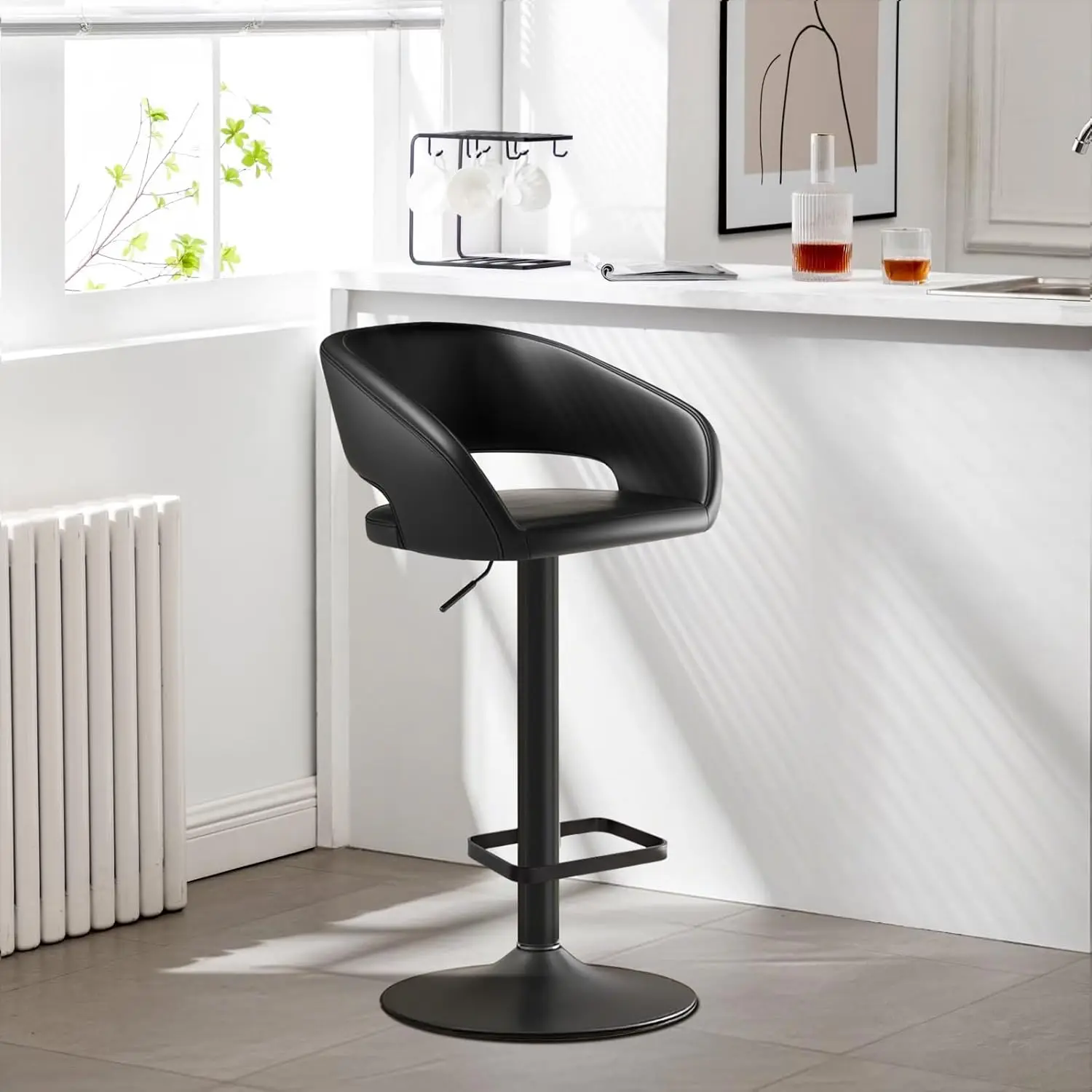 

Adjustable Swivel Bar Stool With Arms, Hollow Back & Footrest, Modern PU Leather Counter Height Stools, Gas Lift, Customized