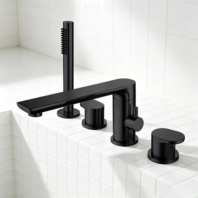 WEIHAO Matte Black Deck Mounted 4 Hole Bathtub Mixer Tap Set Independent 2 Handles Bath Filler With Hand Held Shower Sprayer
