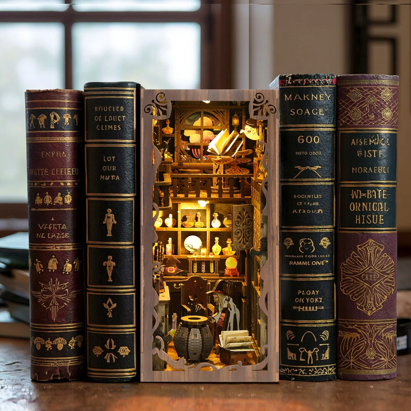 DIY Wooden House Book Nook Kit Wooden 3D Puzzle Bookshelf Insert Decor Dollhouse Model Bookend Building Home Decoration Gifts