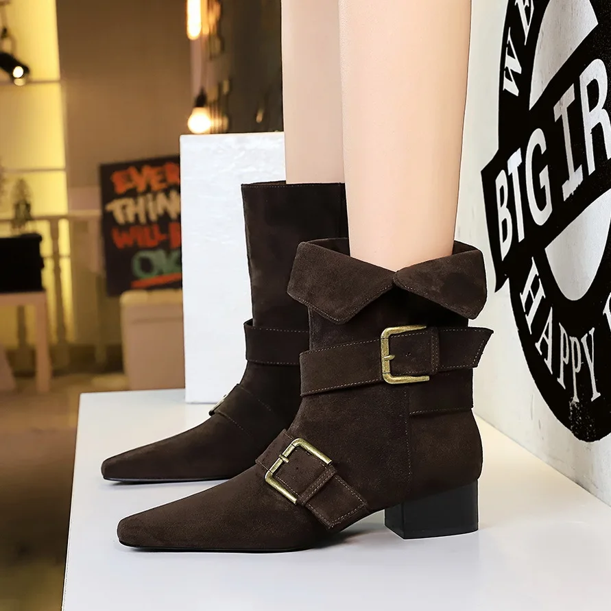 

Western Boots Woman Shoes Vintage Buckle Square Toe Mid Calf Boot Luxury Slip on Low Heels Modern Boot Fashion Black Apricot