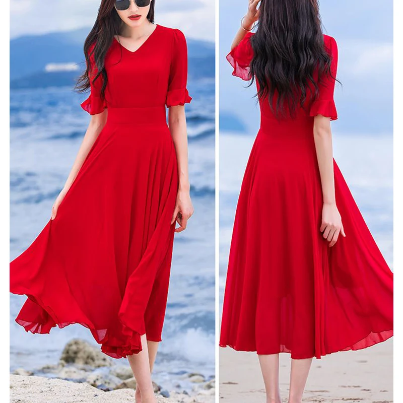 Summer V-neck Elegant Fashion Ruffles Beach Holiday Midi Dress Female Half Sleeve Waist Robe Women Solid Color Chiffon Vestidos