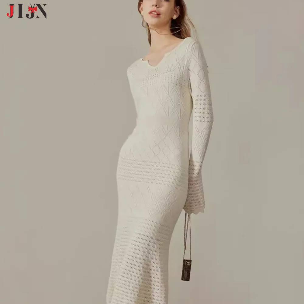 JHJN Jersey Dress Geometry Art Fish Tail Skirt Tailored Hip Hugging Skirt Bohemia Ethnic Style Long Sleeved Hollow Out Leisure