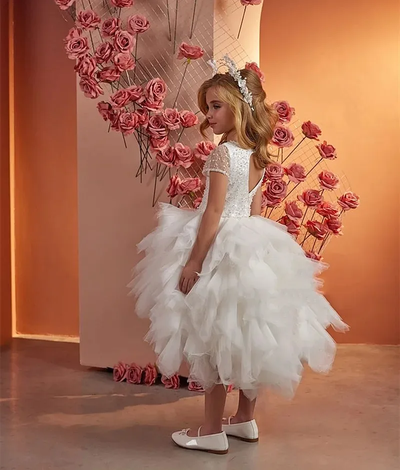 Preciosos vestidos blancos de flores para niña, vestido de desfile para boda, lentejuelas escalonadas, longitud alta y baja, vestidos de primera comunión para fiesta de cumpleaños