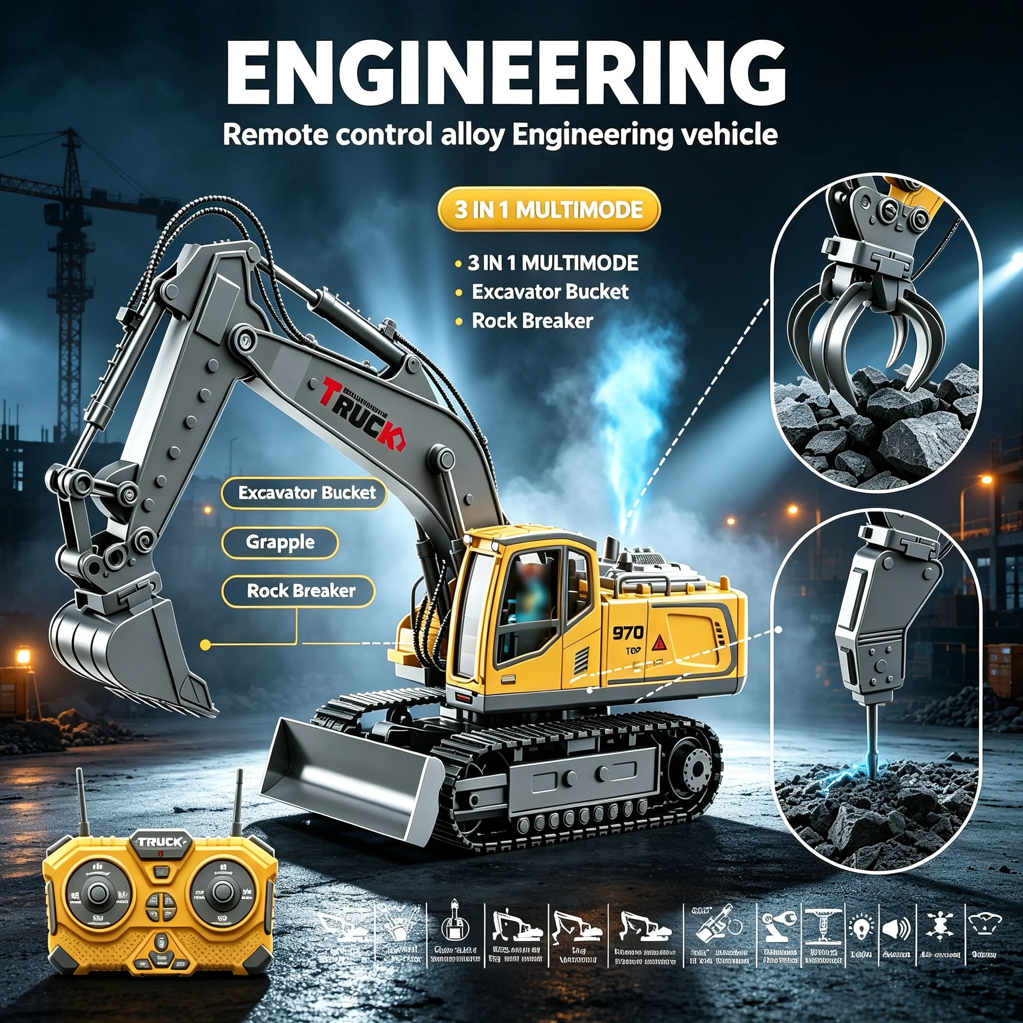 3 in 1 RC Excavator Alloy Wall-breaking Drilling Grab Digging Remote Control Engineering Vehicle Children Toys for Boy Gifts