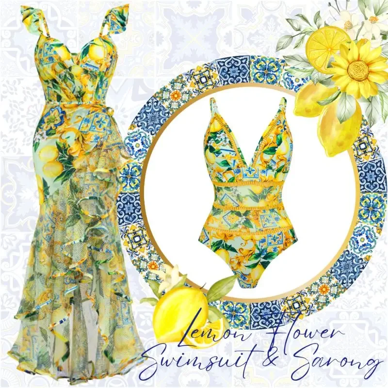 FLAXMAKER Lemon Print V Neck Push Up  One Piece Swimsuit and Skirt Summer Swimwear  Women  Beachwear Bathing Suit