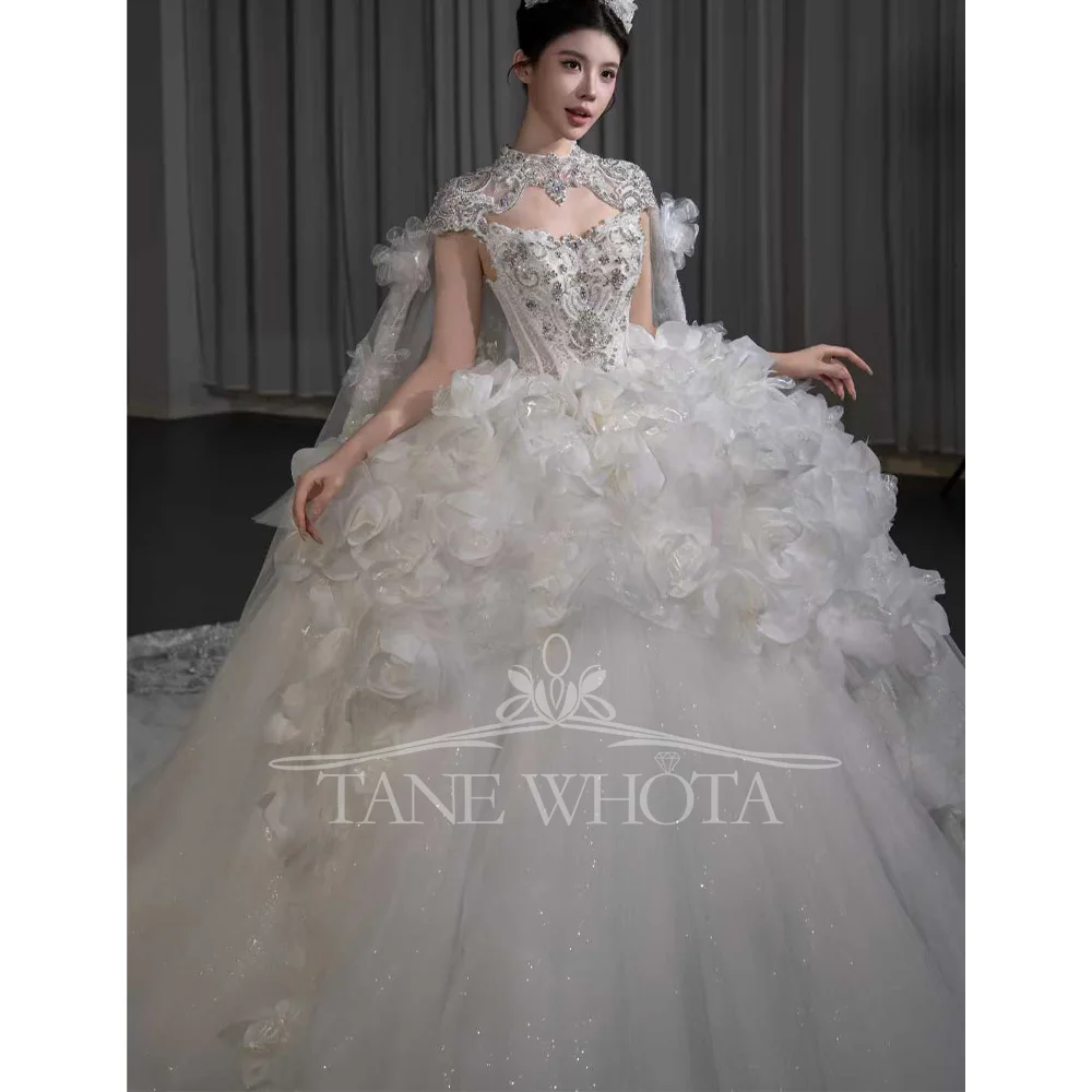 

Luxury High Cap Sleeve Sequined 3D Flower Embroidery Wedding Dress Sexy Customized Vestidos De Novia 2025