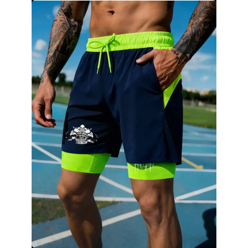 Men'S 2-In-1 Look Double Layer Printed Sports Shorts For Indoor/Outdoor Use Color Block Multi-Pocket Gym Running Outdoor Shorts