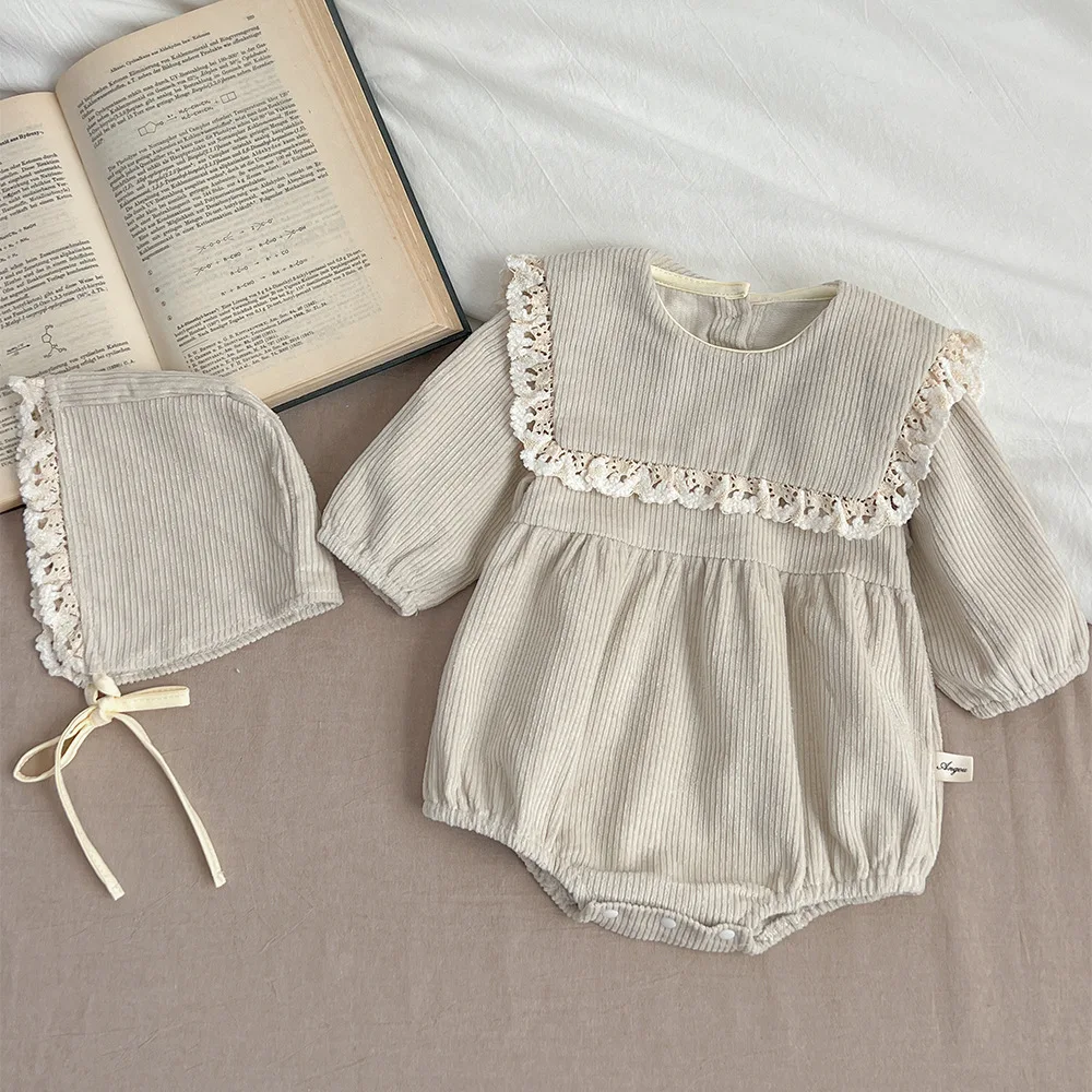 

Baby Clothing Romper 2024 Spring Korean Style Corduroy Lapel Lace Baby Long Sleeve Solid Color Cute Onesie Baby Romper