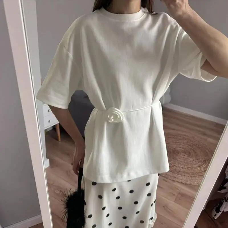 

2025 Summer Basic Yellow White Flower T Shirt Top