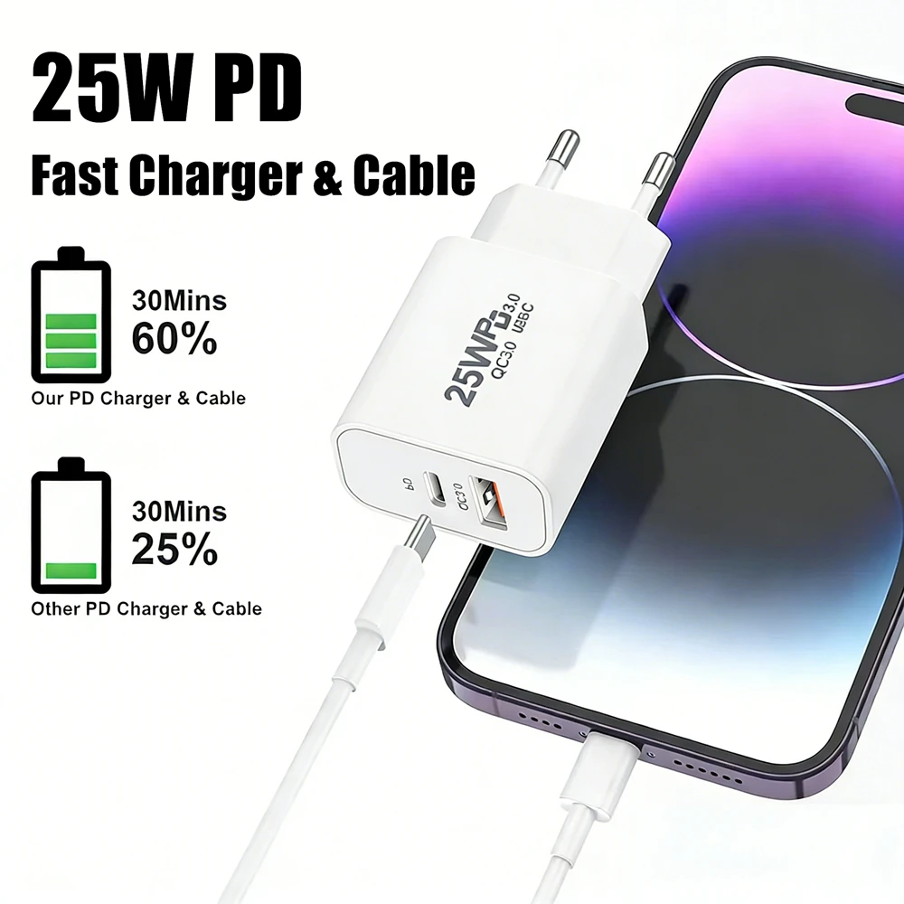 25W PD USB C Multi-Port Fast Charger For iPhone 11 12 13 Mini 14 Pro Max X XR XS Max 7 8 Plus Quick Charging PD Cable 1m 1.5m 2m