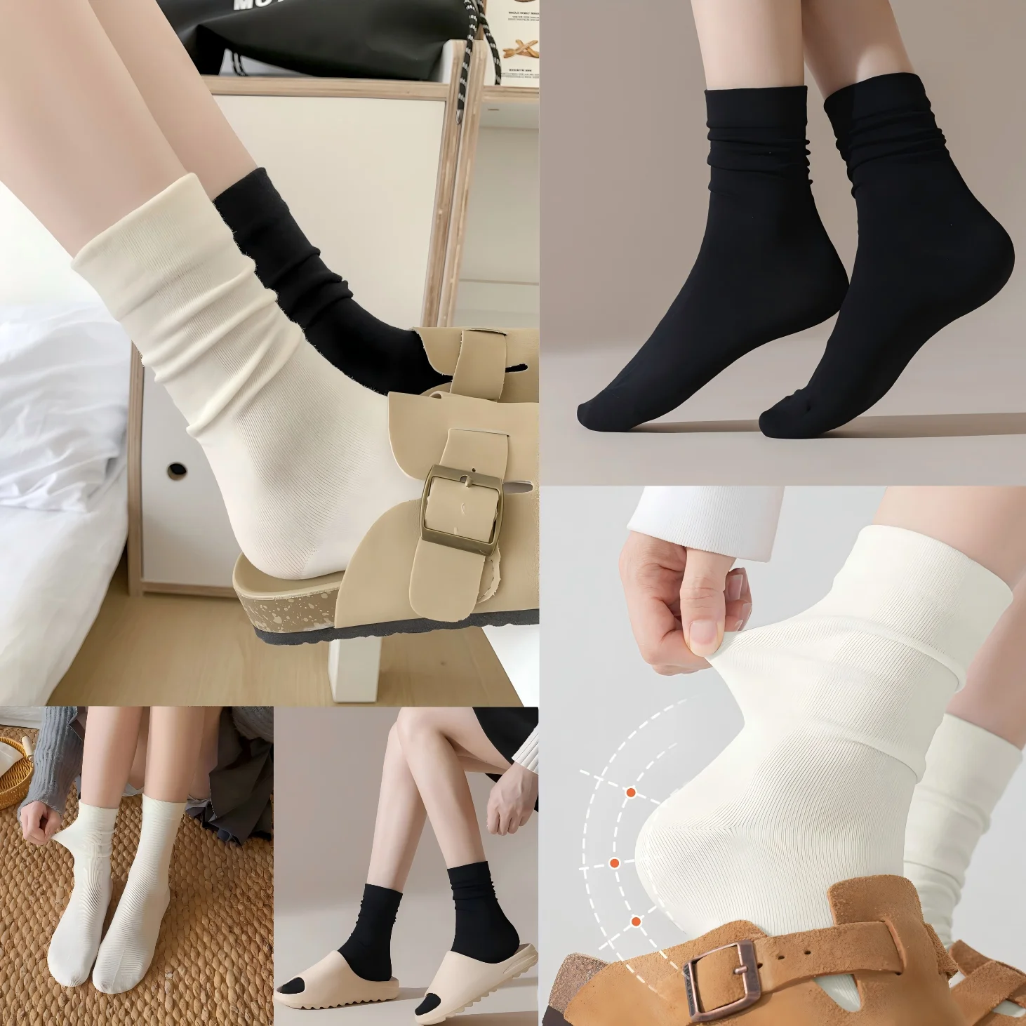 5 Pairs of Mid-Calf Socks, Black and White Basic Style, High Elasticity, Vertical Stripes, Breathable, Suitable for Sandals/Slippers, Lazy Style Outfit, Holiday Gift