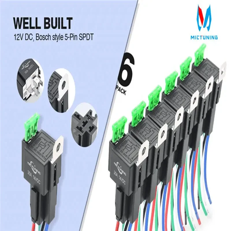 MiCTUNING Automotive Relay 12V 5pin 30A Automotive Relay Automotive Fuse Relay Switch Wiring Harness Set Fuse Harness Pack of 6
