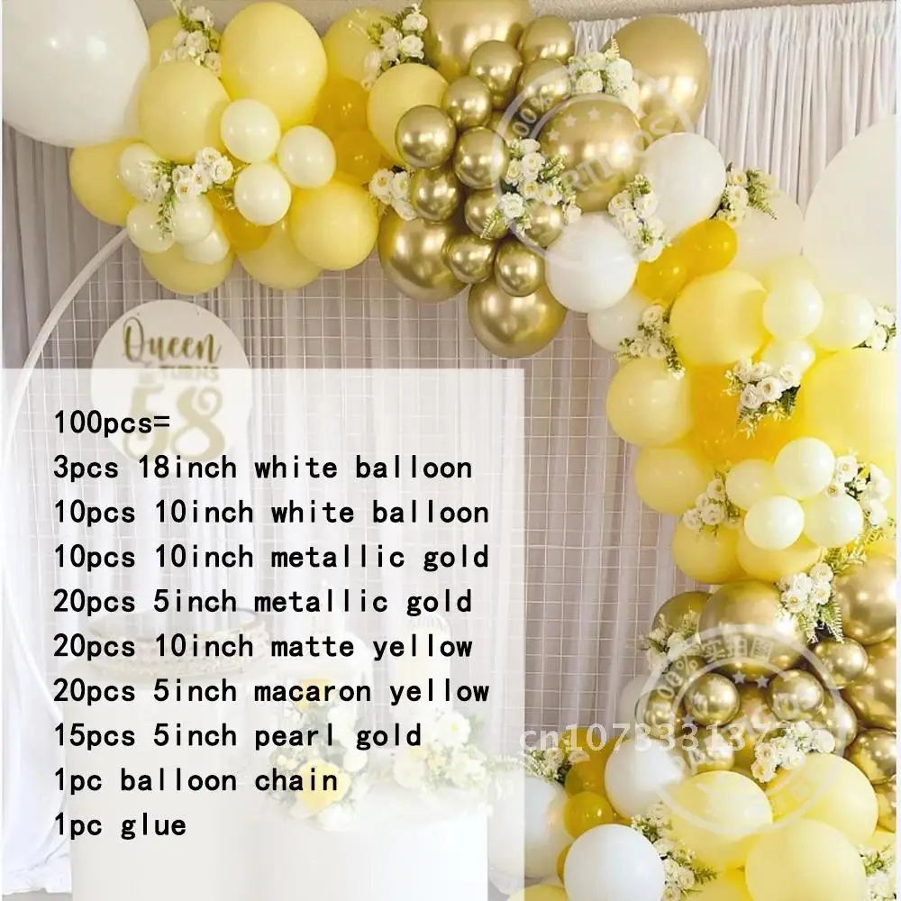 

100 Yellow Latex Gold Metal White Balloon Garland Kit For Kids Birthday Decorations Baby Shower Wedding Summer Party Globos