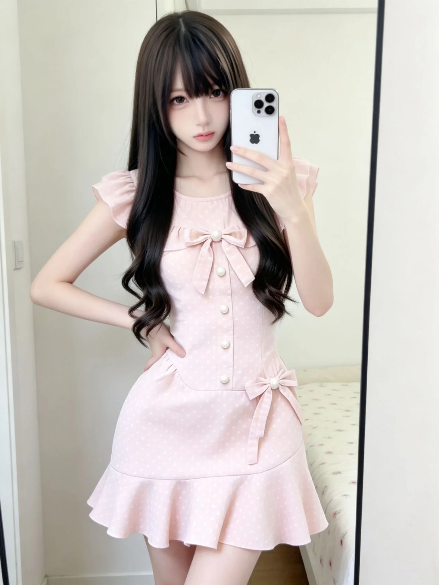 

Pink Polka Dot Bow Tie Waist Short Dress Korean College Style Sweet Slimming Skirt French Style mid High Waist Polyester Fiber