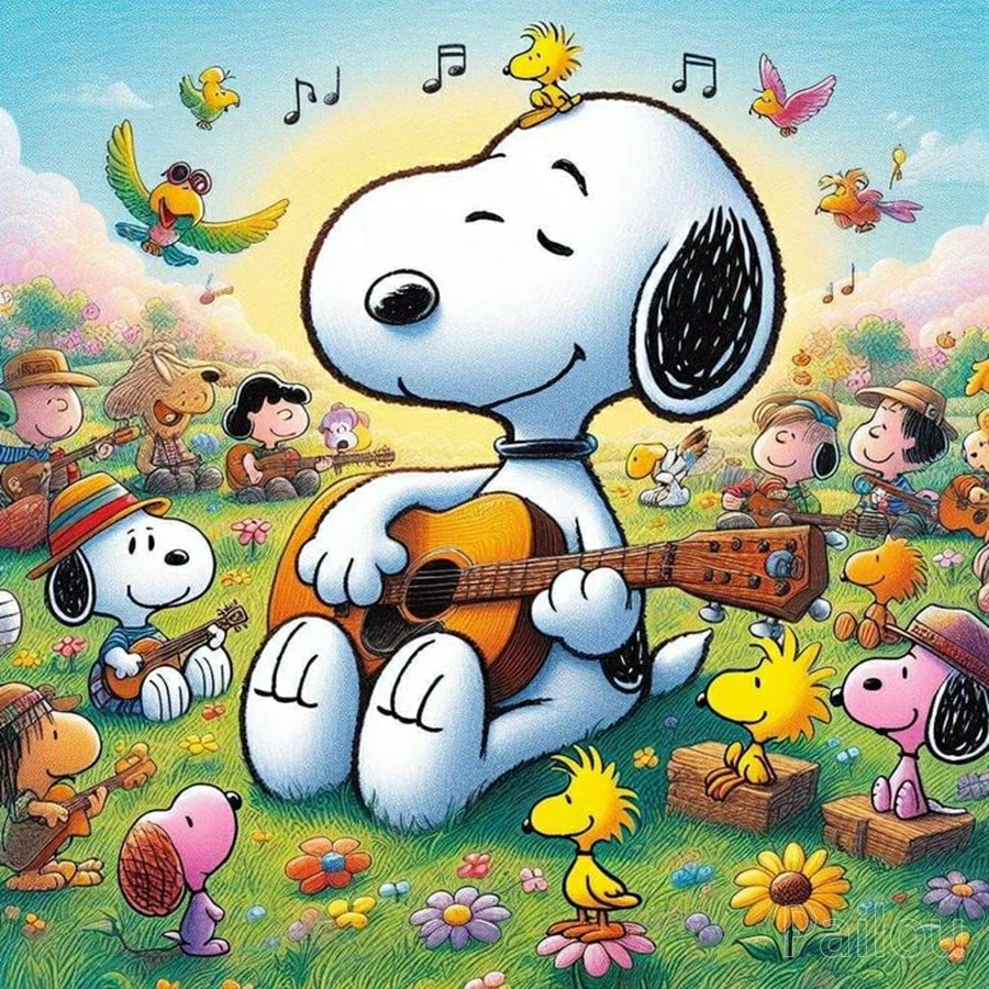 Musical Snoopy with Violin Piano Cartoon Comic Mosaic Embroidery