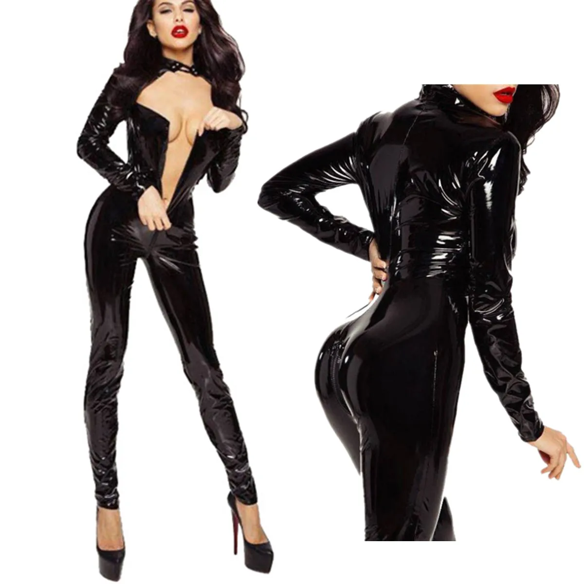 

Women Sexy Jumpsuit Black Latex Wetlook Faux Leather Zipper Open Crotch Bodysuit Clubwear Erotic Rompers Nightclub Dance Costume