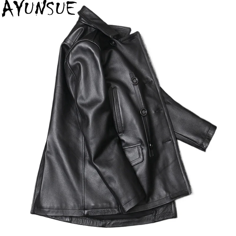 AYUNSUE Top Layer Cowhide 100% Genuine Leather Jacket Men Korean Slim Fit Mid-length Real Leather Trench Coat Double Breasted