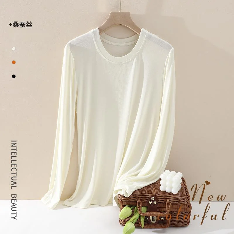 Soft Mulberry Silk Long Sleeve Women T-shirt Autumn Skin Friendly Comfortable Keep Warm Slim Cotton Bottomed Shirt Basic Tops