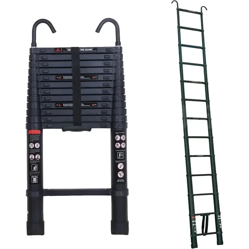 

12 FT Aluminum Telescoping Ladder with 2 Detachable Roof Hooks(2.8 inch), Lightweight Telescopic Extension Ladder for Home