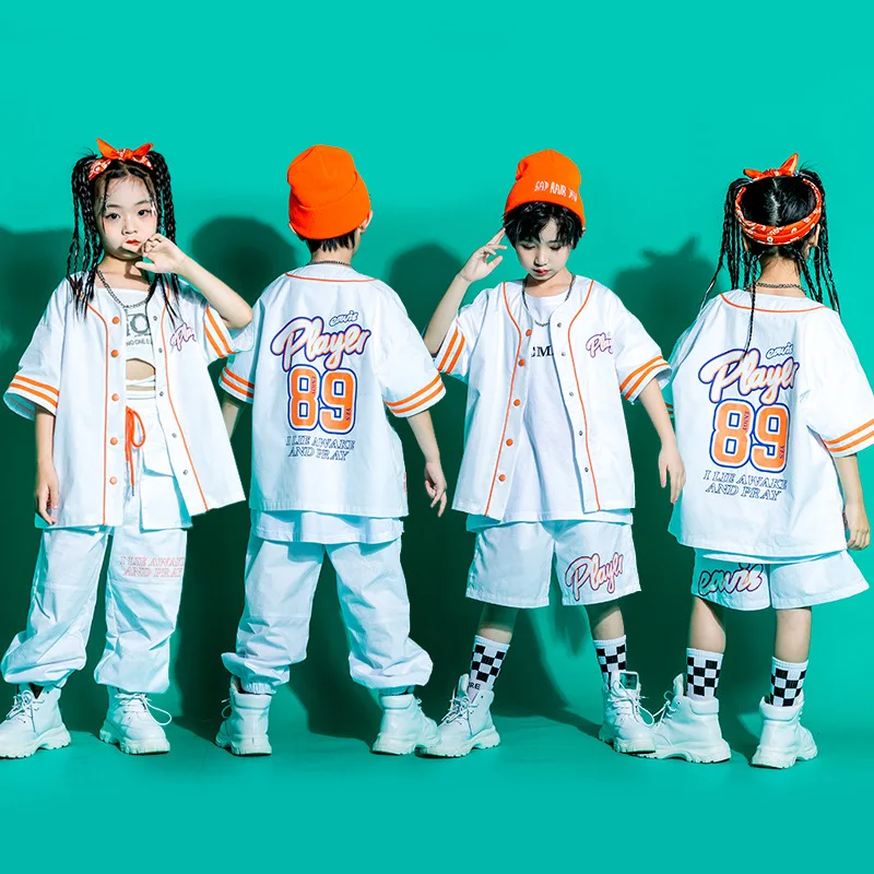 Kid Kpop Hip Hop Clothing Baseball Cardigan Shirt Top White Streetwear Cargo Jogger Pants Shorts for Girl Boy Jazz Dance Costume