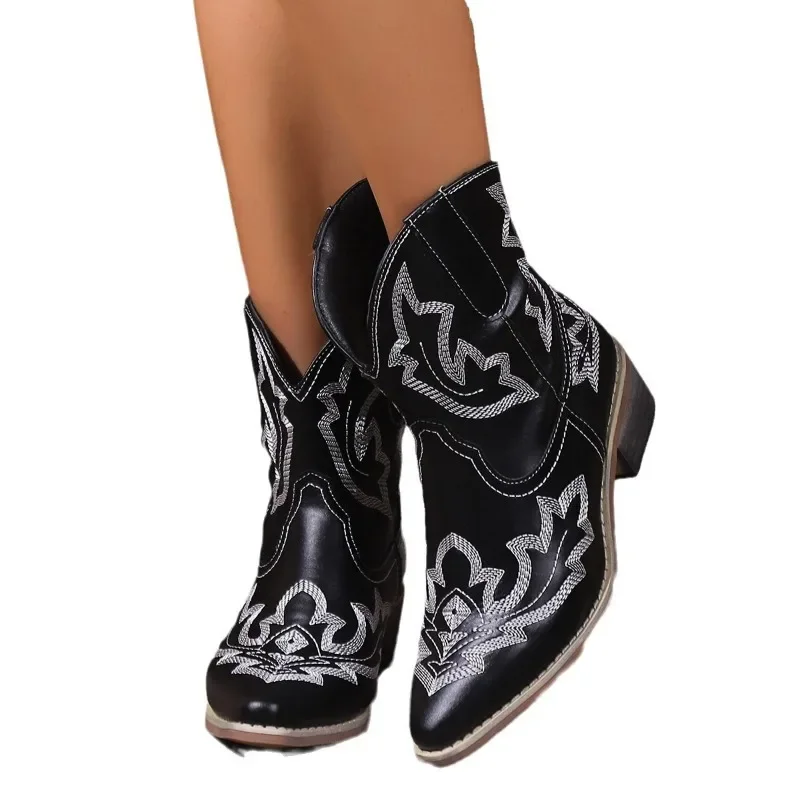 NEW Embroidery Botas Mujer Faux Leather Cowboy Ankle Boots for Women Wedge High Heel Boots Snake Print Western Cowgirl Boots 43