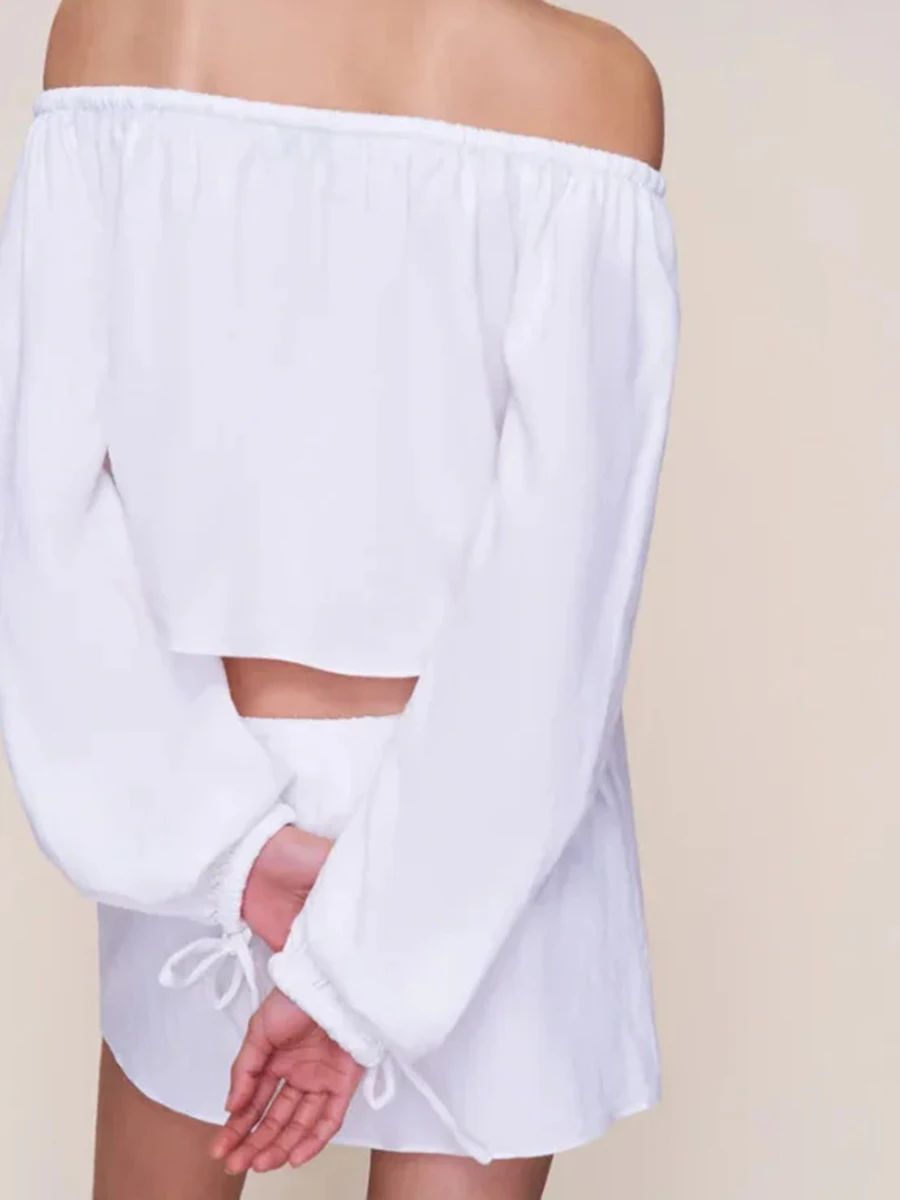 투윈스타일 미니멀리스트 여성용 투피스 세트 오프숄더 긴팔 셔츠 로우 웨이스트 섹시 미니스커트 화이트 슈트 여성용