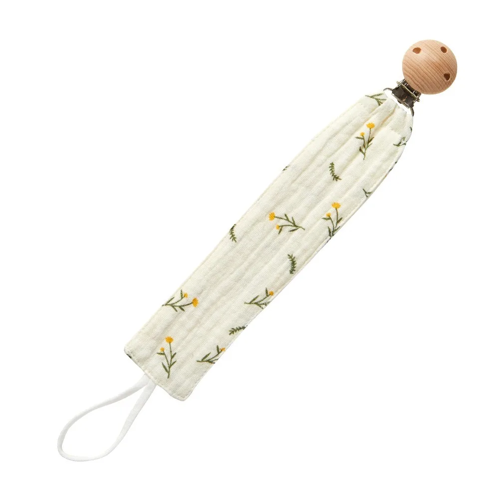 

Новая цепочка-держатель для детской пустышки из хлопковой марли с принтом, безопасный деревянный держатель для пустышки, клипсы-держатели для сосок, предотвращающие падение, для детских пустышек