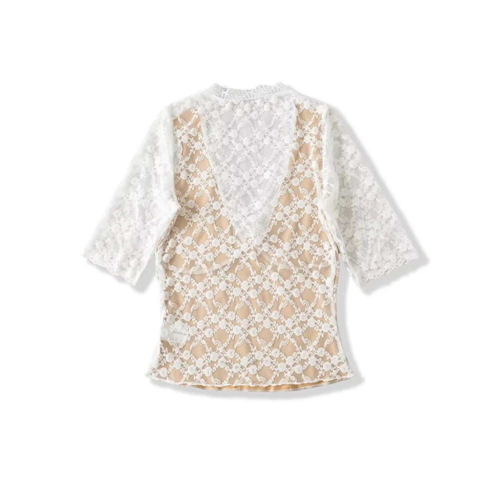 الصيف المرأة الجديدة الكورية نمط فتاة حار الدانتيل مايكرو شفافة الشكل التخسيس تنوعا الربط منتصف الأكمام تي شيرت برقبة على شكل v