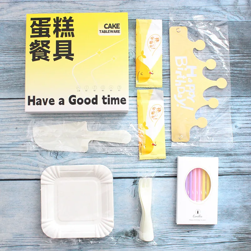 Disposable birthday tableware, square paper tray, knife and fork set, candles