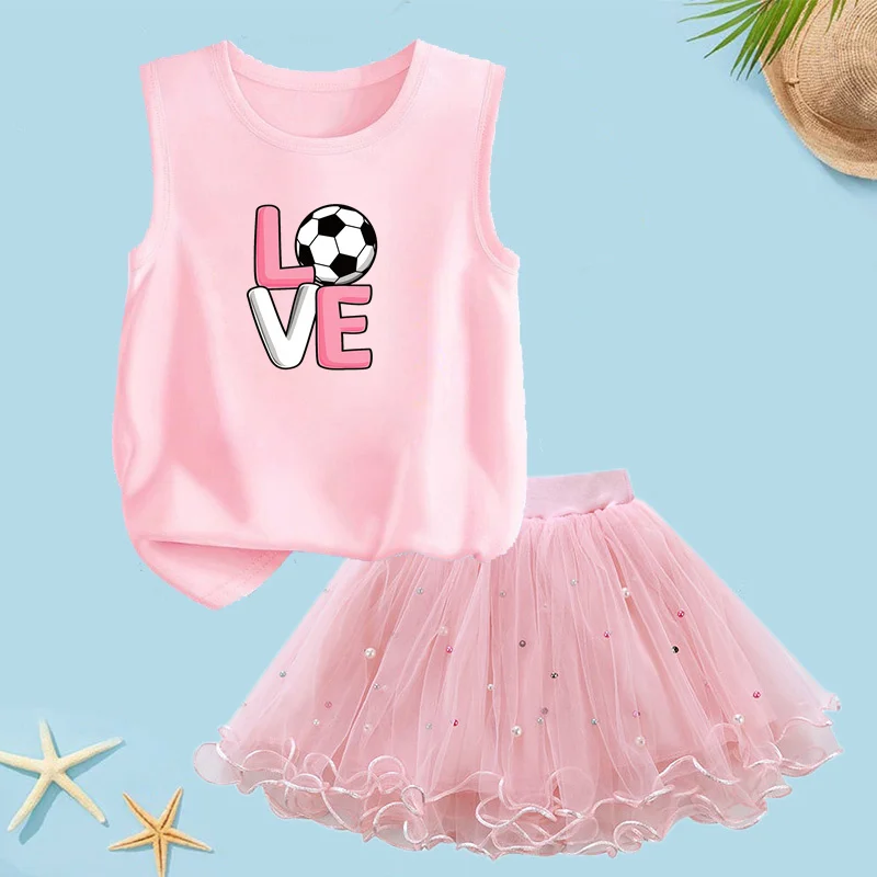2-teiliges Sommer-Set für Babys und Mädchen, lockere Baumwollweste, flauschiger Tutu-Rock, Liebes-Fußball-Design, Kleidung für 3–14 Jahre