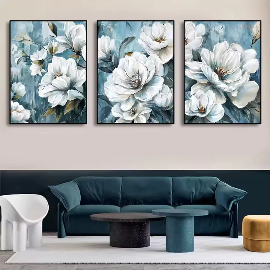 3PCS Set Abstract White Golden Flower Diamond Mosaic White Flower Full Drill Diamond Painting Cross Stitch Kits Handmade Decor