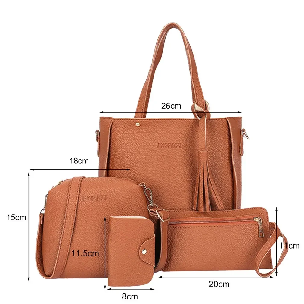 4 pieces/set Fashion Composit Bag Tassels Decoration Large Capacity PU Leather Handbag Shoulder Bag Crossbody Bag Purse Wallet