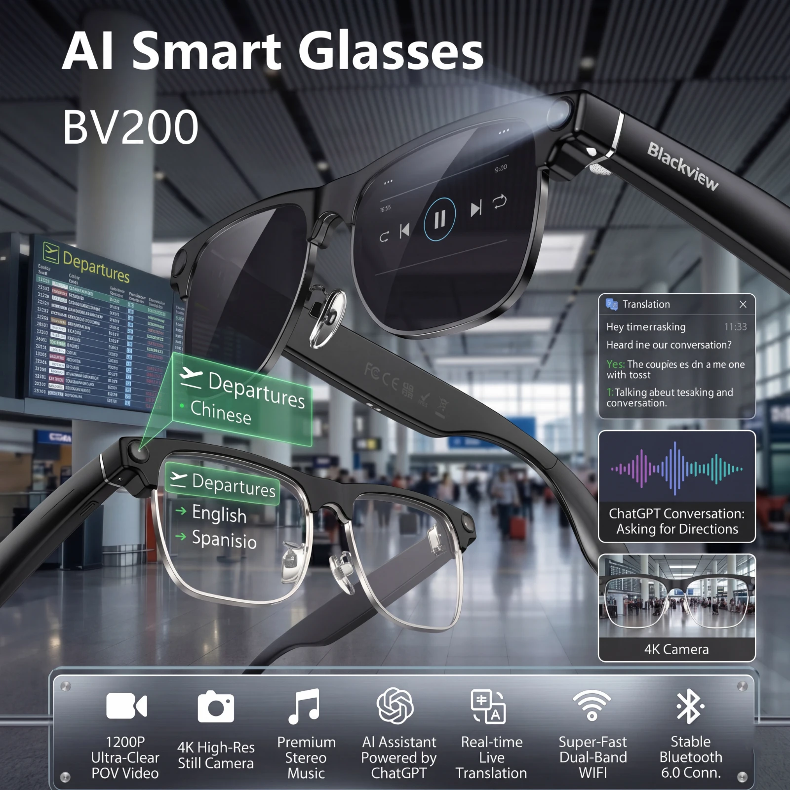 Blackview 新型 BV200 AIスマートグラス 800万画素 2K HDカメラ Bluetooth通話 音声アシスタント 翻訳機能 ステレオスピーカー＆マイク