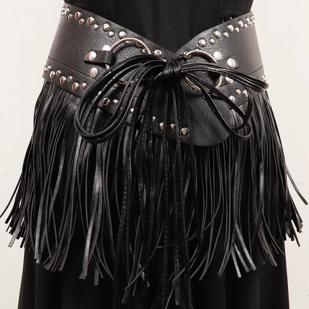 

Western Punk Rivet Wide Waistbands for Women Rock Hiphop Pu Leather Tassel Waist Belt Corset Dress Shirt Ceintures Studded Belt
