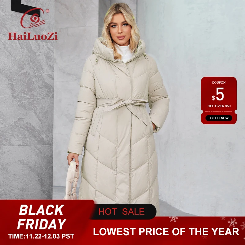 HaiLuoZi 2024 Women's Winter Plus Size Coat Long Parker Coat Belt Warm Women's Cotton Slash Pockets Fashion Women's Jacket 628