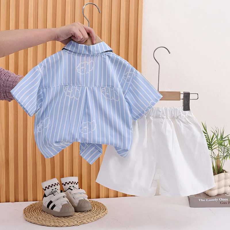 CNUM Children's Summer Outfit 2026 New Stylish Summer Girls' Boys' Short Sleeve Blue Bow Tie Shirt Two-Pieces Clothing Sets Kids