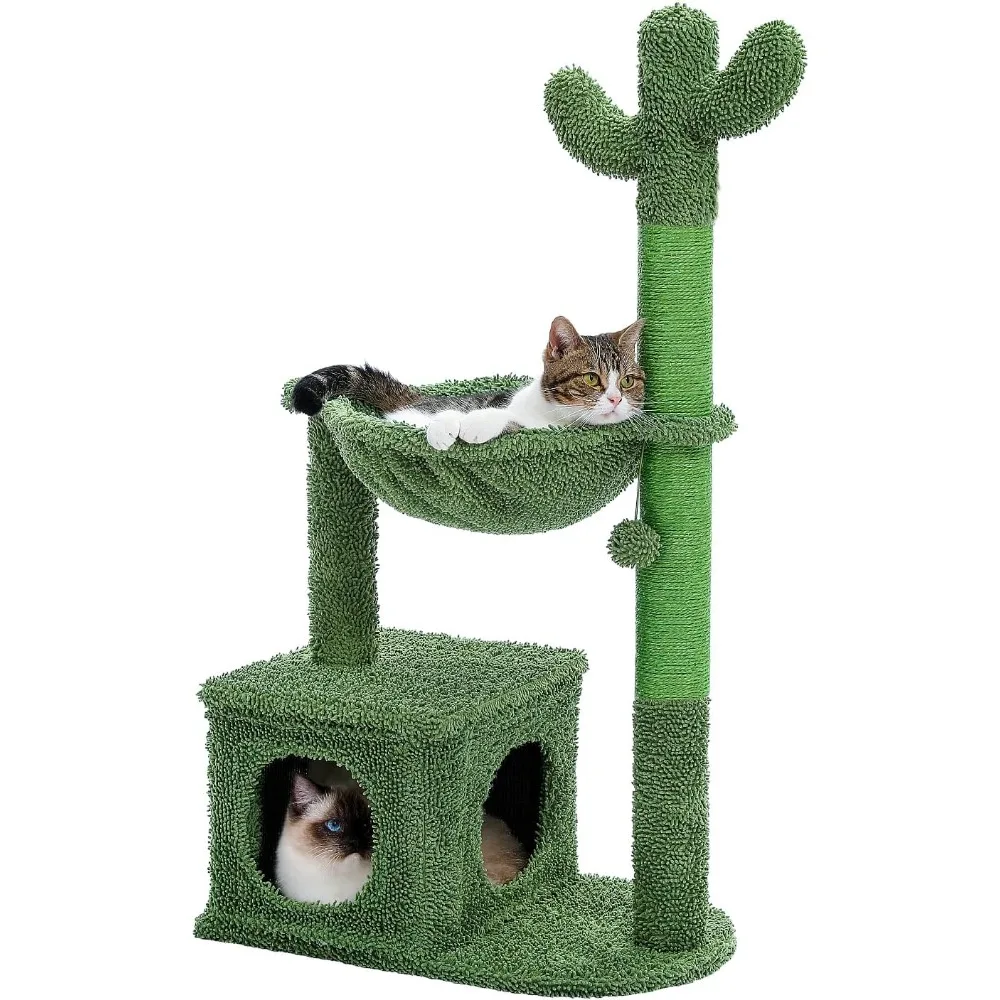 

Cactus Cat Tree 40" Tower with Large Metal Carpet Hammock, Scratching Post for Indoor Cats with Condo& Dangling Ball