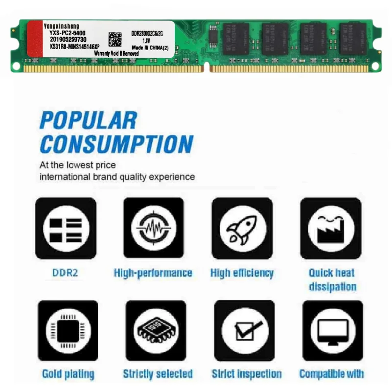 Ensemble de 4 pièces DDR2 2 Go 800Mhz PC2-6400 DIMM PC de bureau RAM 240 broches 1.8V NON ECC 2jas8 2 côtés, 8 puces par côté, 2 Go DDR2