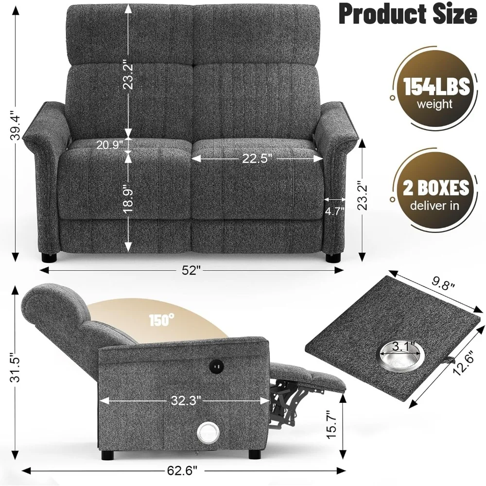 Recliner Sofa, RV Reclining Loveseat with 2 Folding Side Table, Manual Modern Loveseat Recliner Sofa,Spinning Double